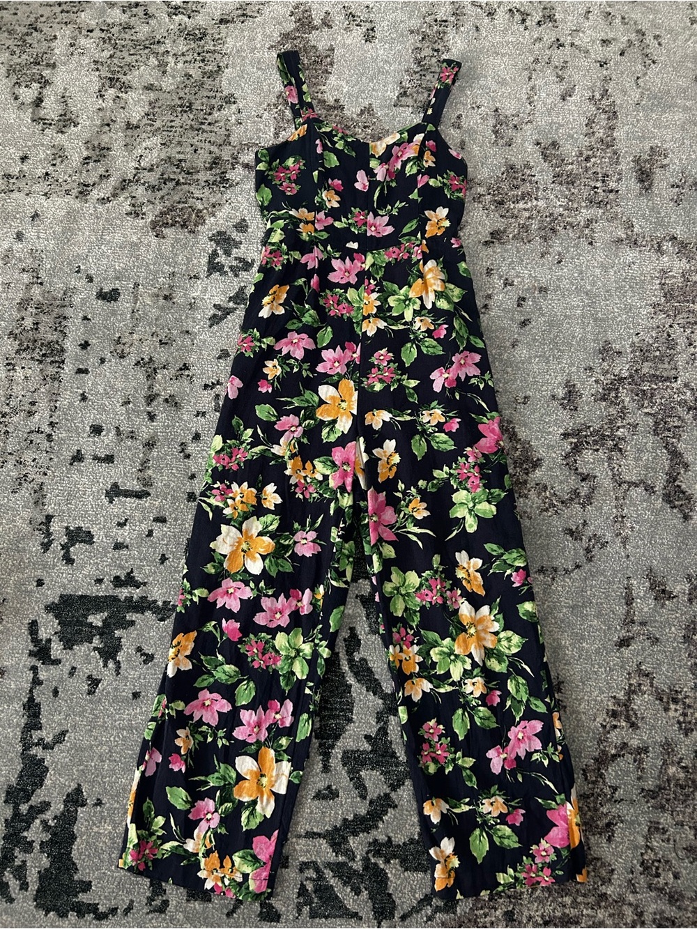 Old Navy Navy Blue Floral Wide-Leg Jumpsuit with Pink & Yellow Flowers
